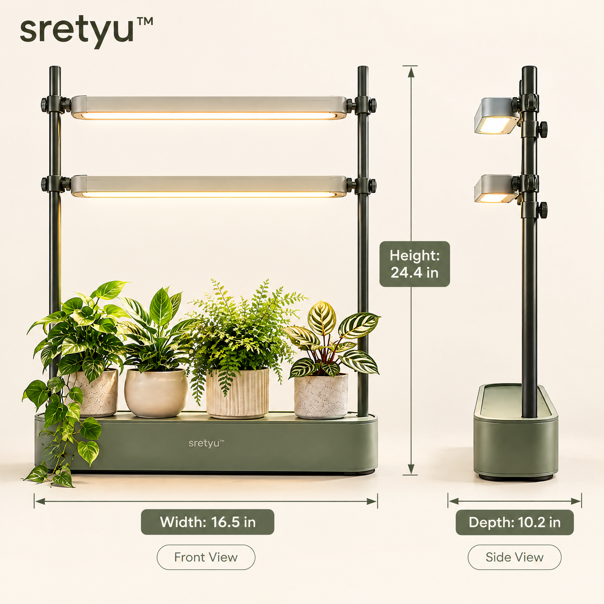 sretyu two-bar grow light stand with height, width and depth measurements