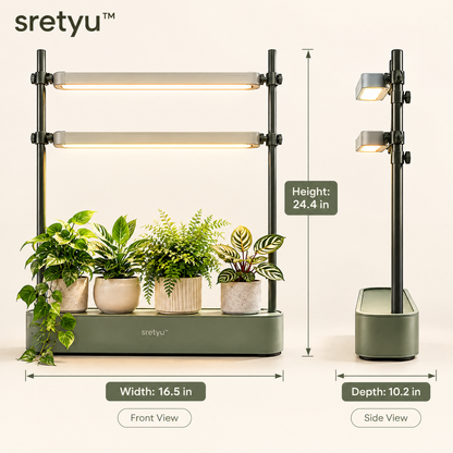 sretyu two-bar grow light stand with height, width and depth measurements