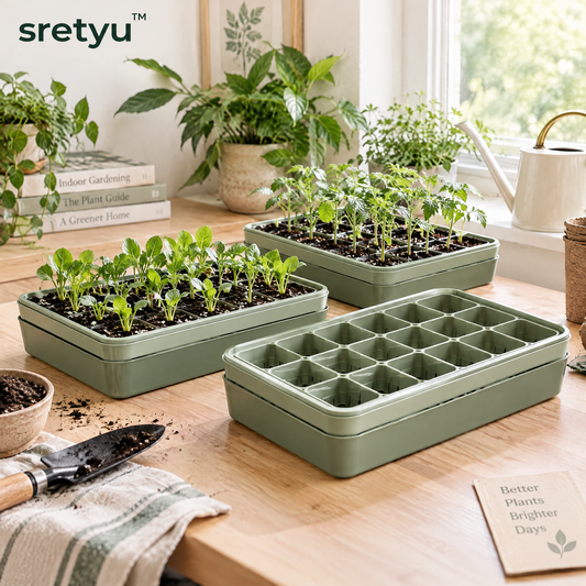 sretyu modular sage-green seedling trays arranged in a bright indoor growing area