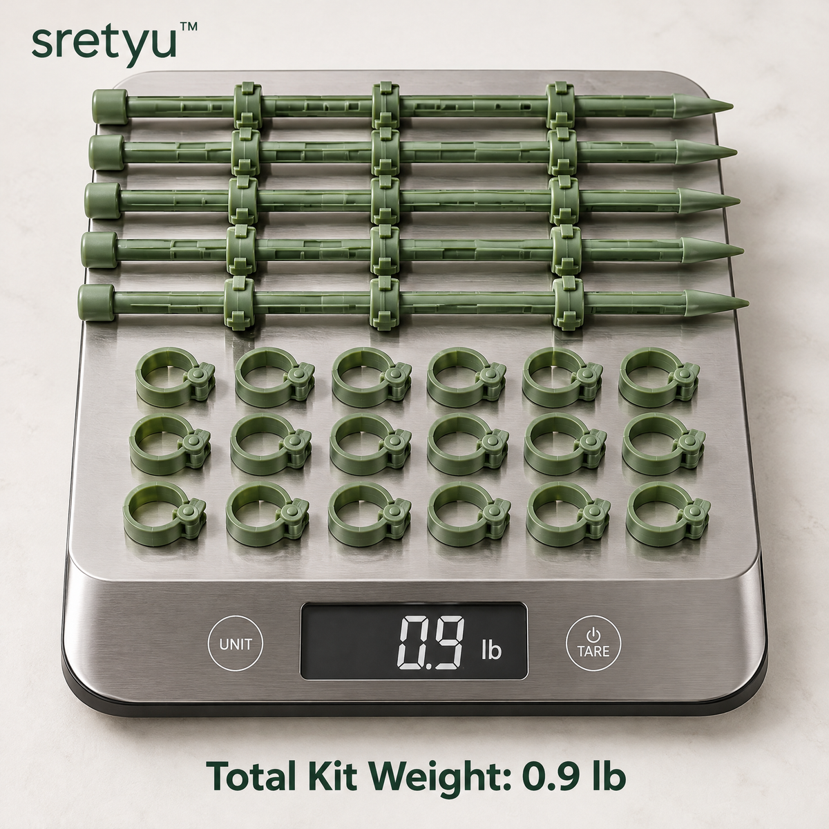 sretyu plant support kit on a scale showing total kit weight of 0.9 pounds