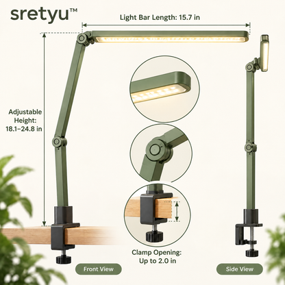 sretyu plant light dimensions showing 15.7 inch bar, adjustable height and clamp opening